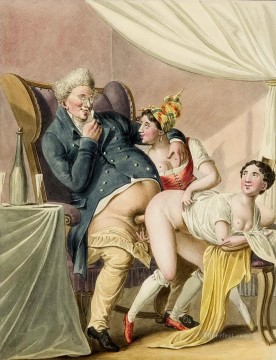 Georg Emanuel Opiz Painting - erotische biskarikierende Darstellung eines Mannes beim Verkehr mit zwei Damen Georg Emanuel Opiz caricature